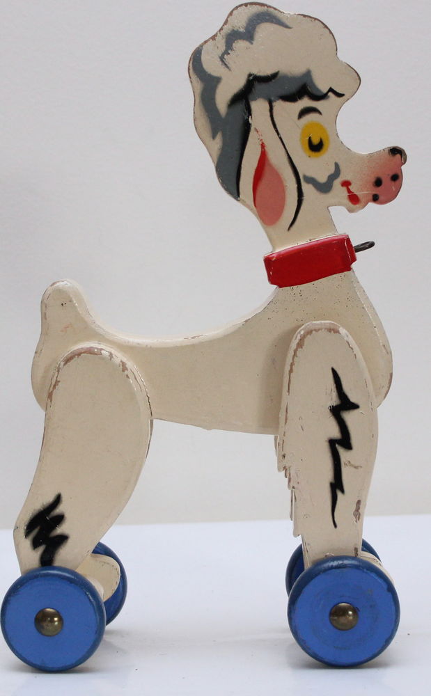 Caniche jouet bois � trainer 1950 70 Issy-les-Moulineaux (92)