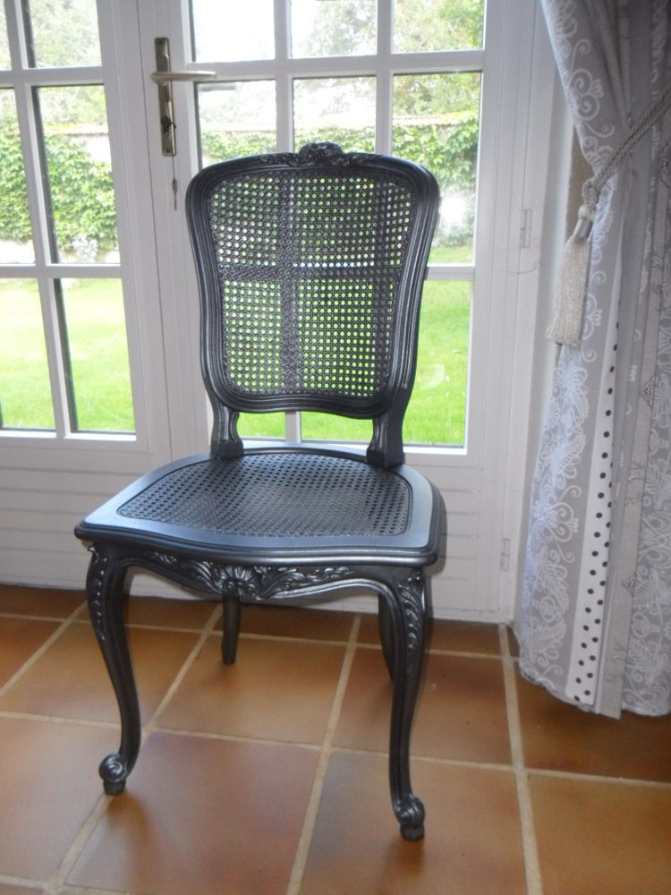 Chaise cann�e relook�e (patin�e en gris �tain) 75 Denonville (28)