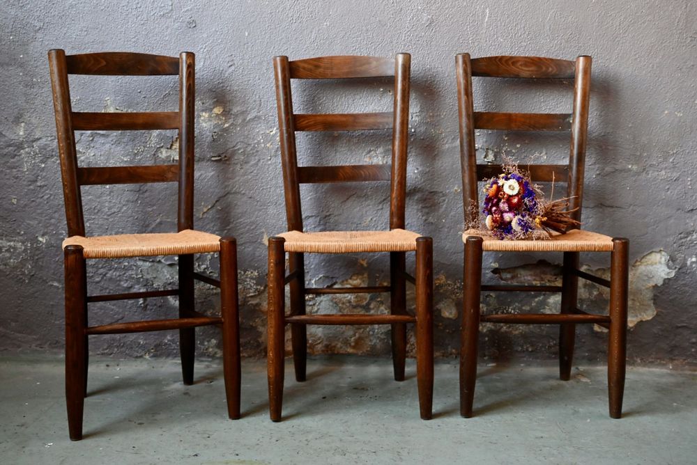 Lot de 3 Chaises paille et bois anciennes design brutaliste 300 Wintzenheim (68)