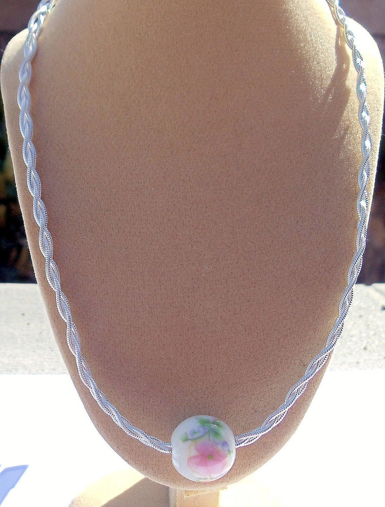 Collier tresse plaqu�es argent 925 avec perle porcelaine 29 Alata (20)