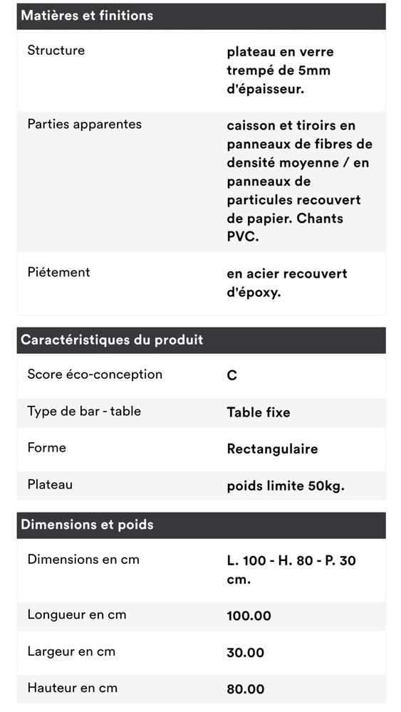 Console 2 tiroirs plateau verre 60 Fenain (59)