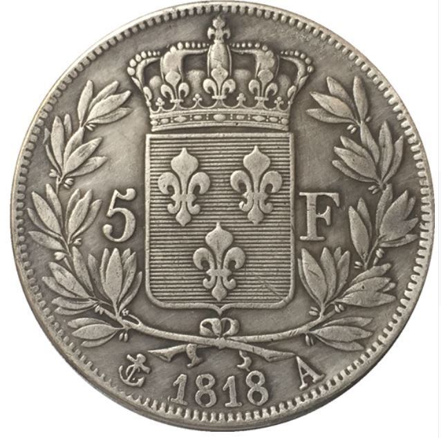 COPIE PLAQU� ARGENT- LOUIS XVIII ROI DE FRANCE 5 FRANCS 1818 10 Hautmont (59)