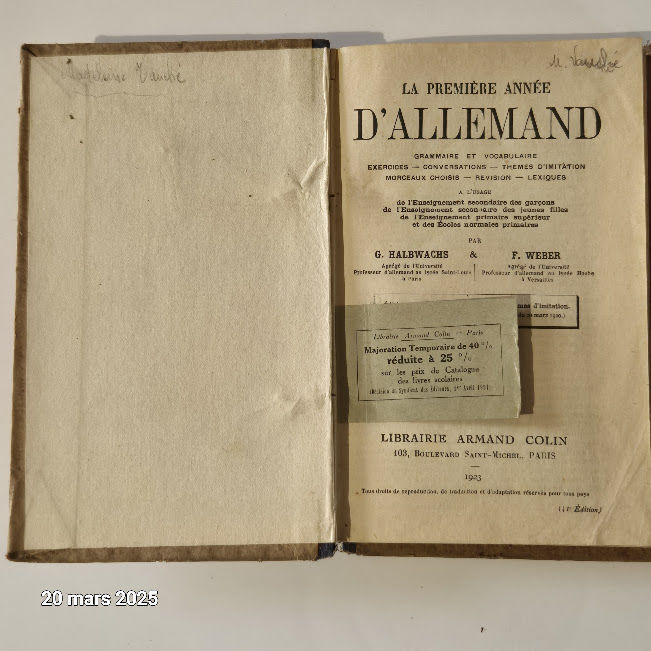 Cours d'allemand , exercices Halbwachs et Weber, 1923 2 Saumur (49)