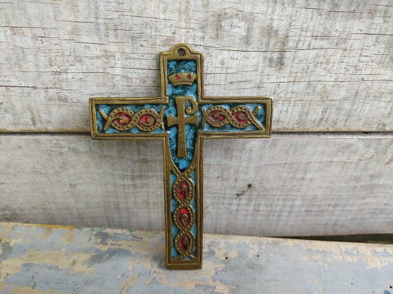 Crucifix Croix Bronze �maill� Dominique Piechaud 1950 45 Loches (37)