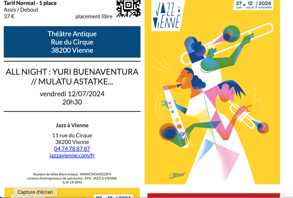 Deux billets Jazz � Vienne 12 juillet 25 La Cadi�re-d'Azur (83)