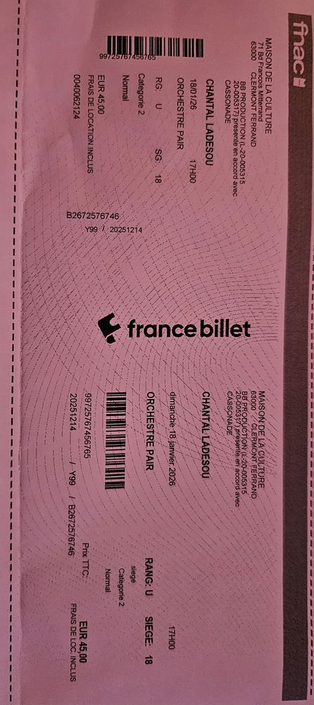 deux billets pour le spectacle de Chantal ladesou. 30 Clermont-Ferrand (63)