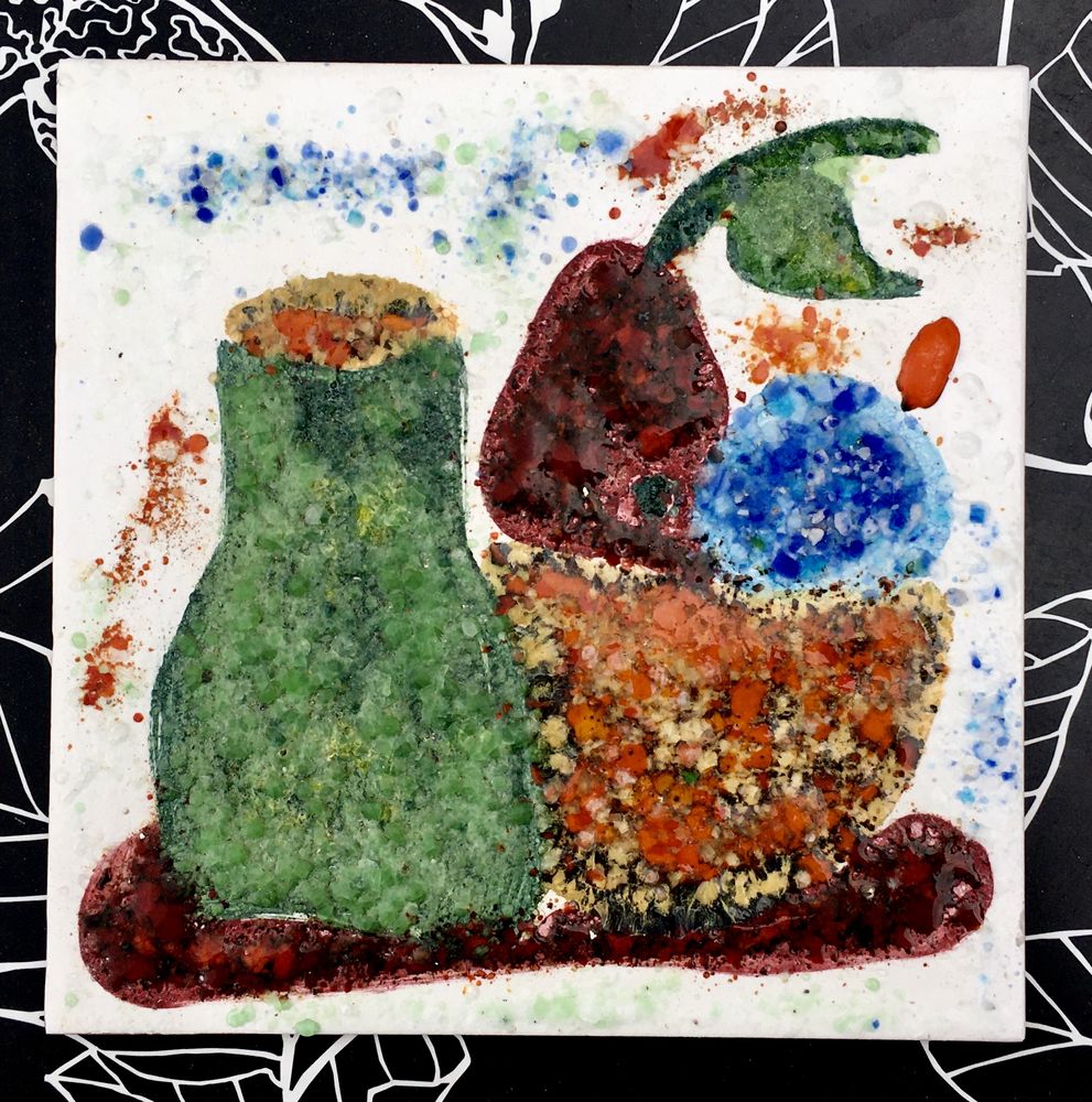 Emaux sur terre cuite, Nature morte, pi�ce unique,20 x 20 cm 28 L'Isle-Jourdain (32)