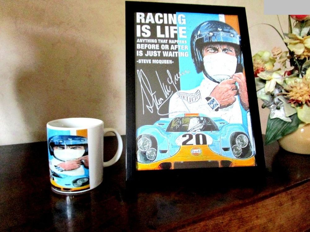 ensemble pot � crayon et photo encadr�es Steve McQueen racin 20 �vreux (27)