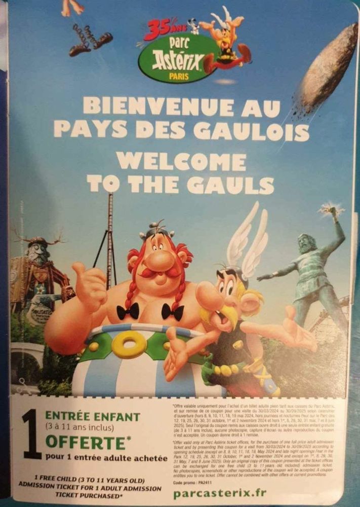 Entr�e parc Asterix - 1 enfant offerte pour 1 adulte achet�e 20 Corcelles-l�s-C�teaux (21)