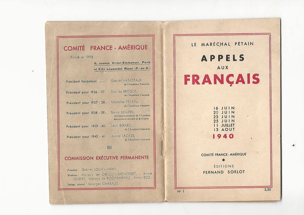 Fascicule rare du Mal P�tain  Appels aux Fran�ais, 1940  50 Th�ziers (30)