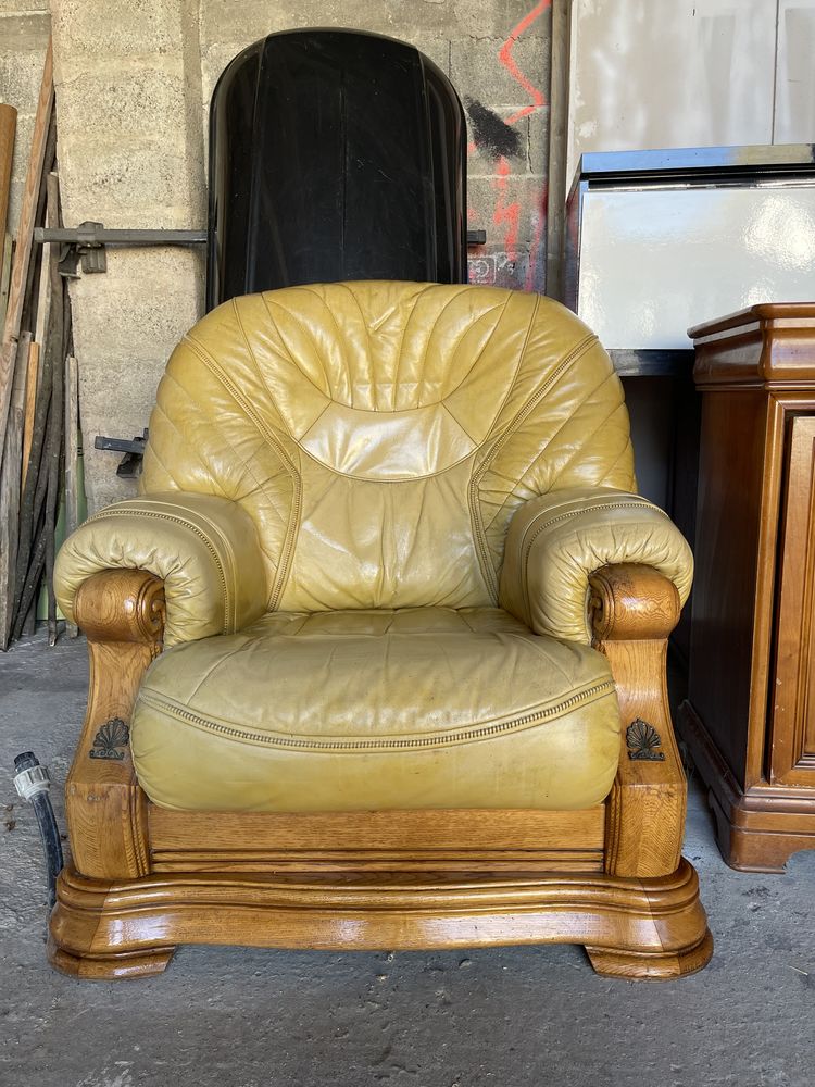 Fauteuil cuir et bois 60 Geaune (40)
