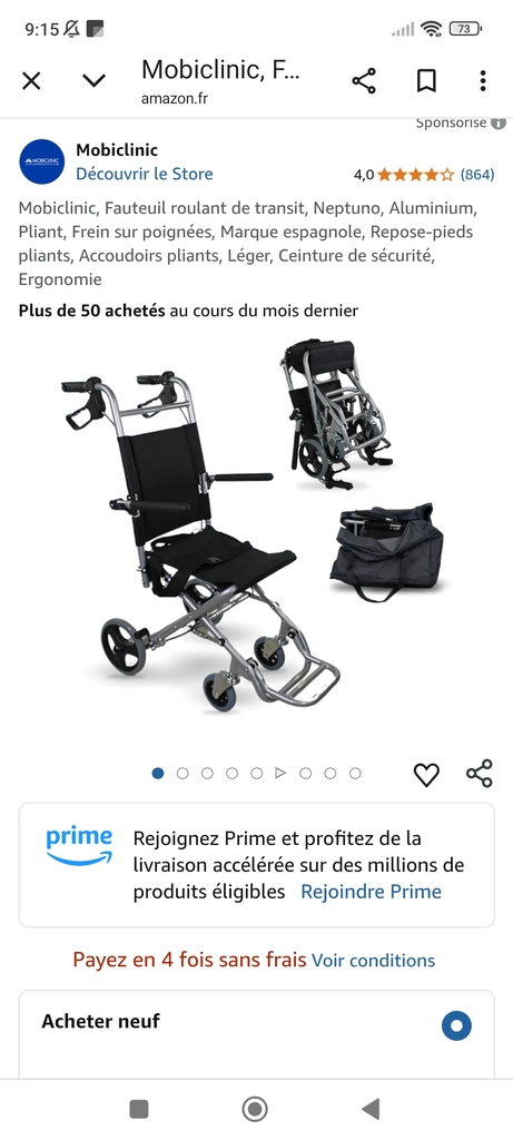 Fauteuil roulant pliable  Neptuno  en aluminium 80 Saint-Mars-Vieux-Maisons (77)