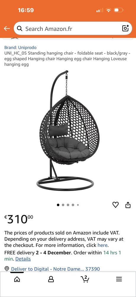 Fauteuil suspendu type cocon/oeuf + support + coussins marron 230 Notre-Dame-d'O� (37)