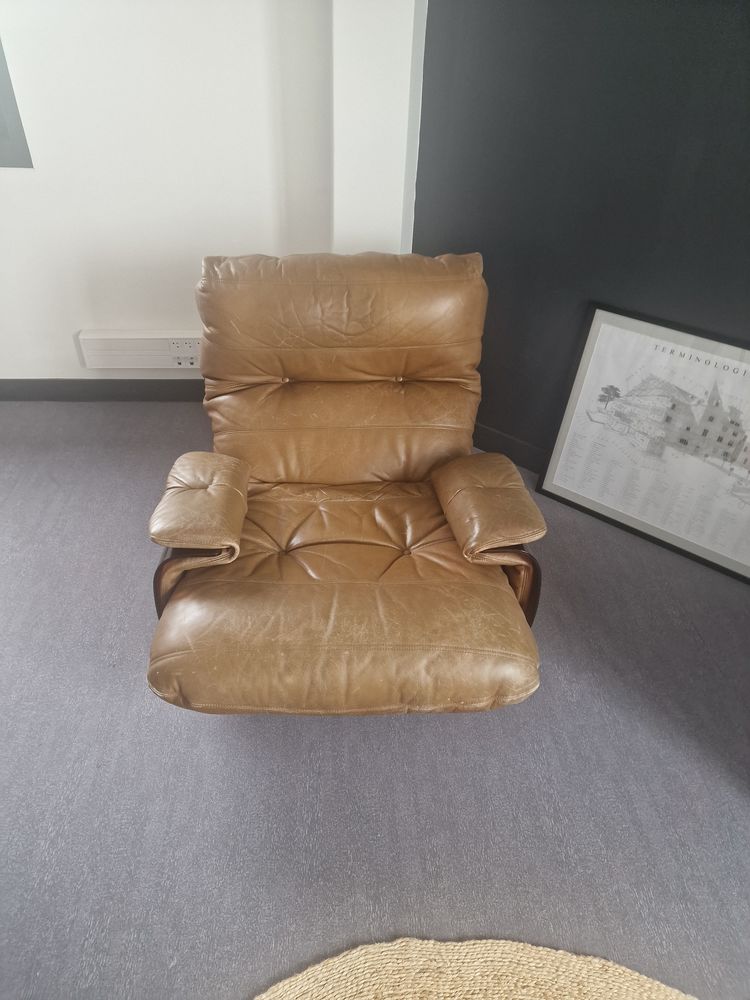 fauteuil vintage Marsala en cuir par Michel Ducaroy po 1800 Vannes (56)