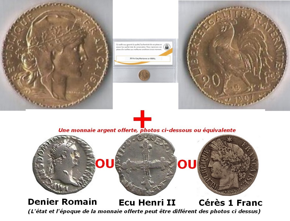 20 francs or,  Marianne coq  sous scell� + monnaie argent 1060 Rennes (35)