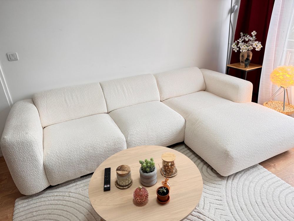 Grand canap� d'angle droit en tissu bouclette blanc POGNI 700 Versailles (78)