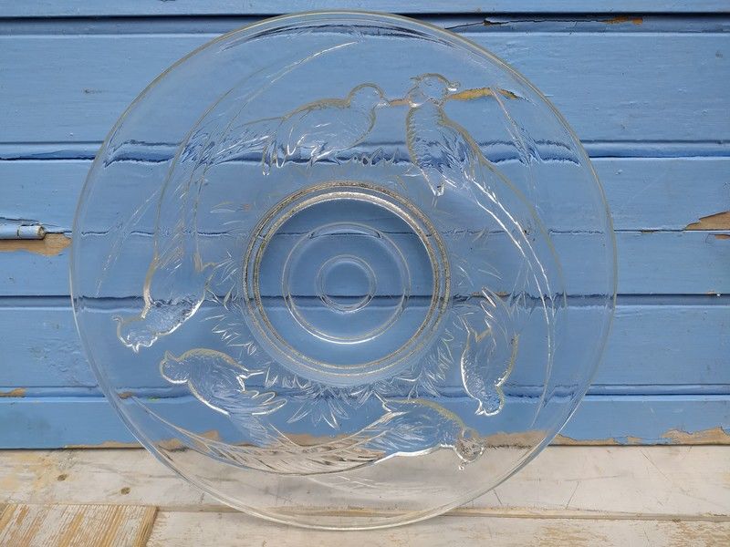Grand Plat Coupe Verlux Verre Moul� D�cor Faisans Art D�co 90 Loches (37)