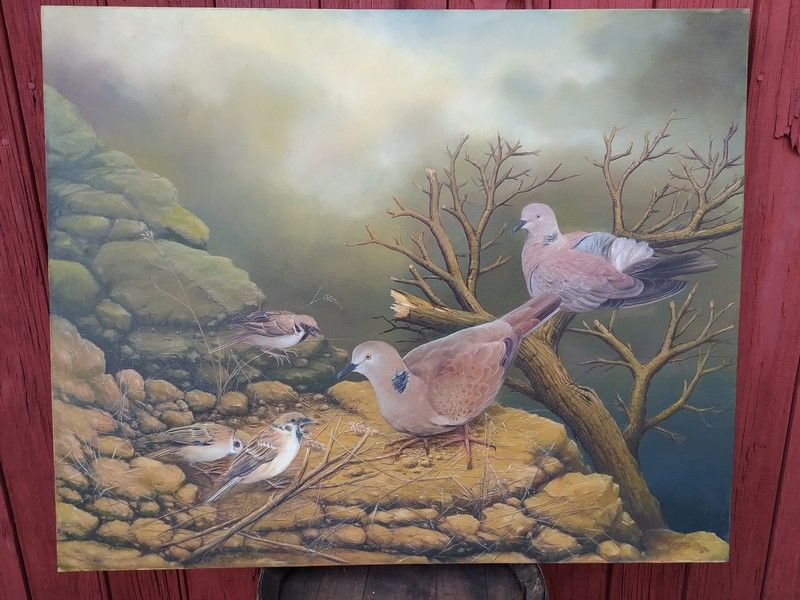 Grand Tableau Peinture sur Toile Oiseaux et Pigeons 120 Loches (37)