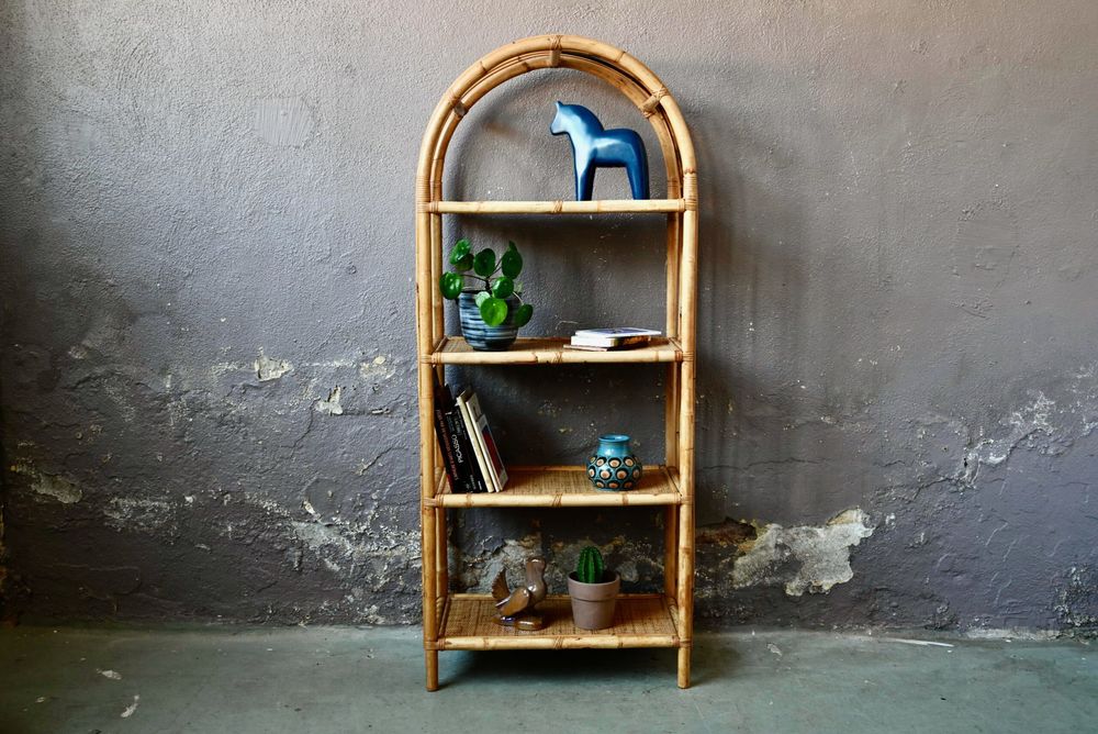 Grande �tag�re arche ou biblioth�que boh�me en rotin dor� 370 Wintzenheim (68)