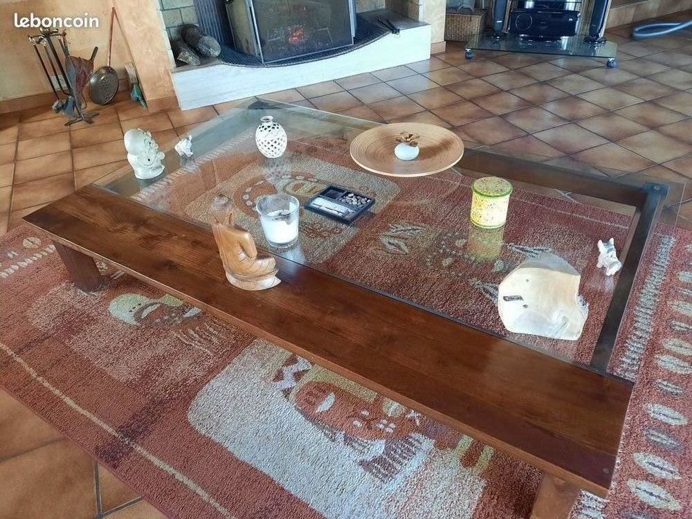 Grande table basse de salon teck massif et verre 380 Maransin (33)