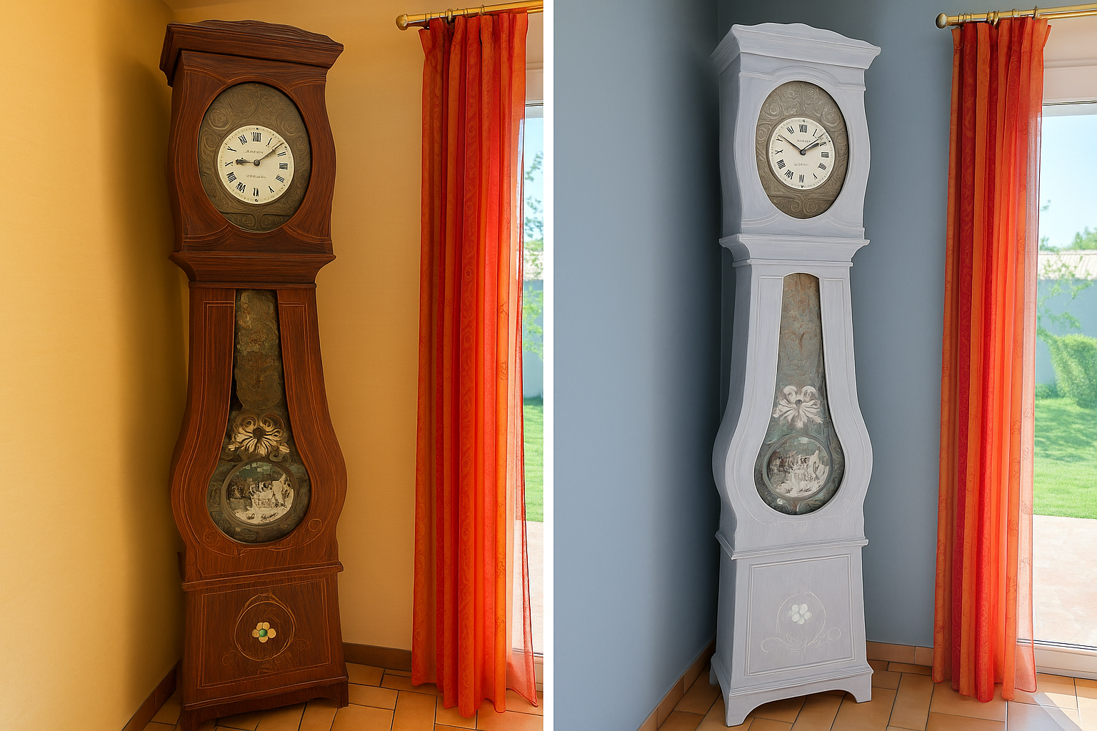 Horloge comtoise ancienne ? Bois sculpt� & d�cor pastoral 480 Bonchamp-l�s-Laval (53)