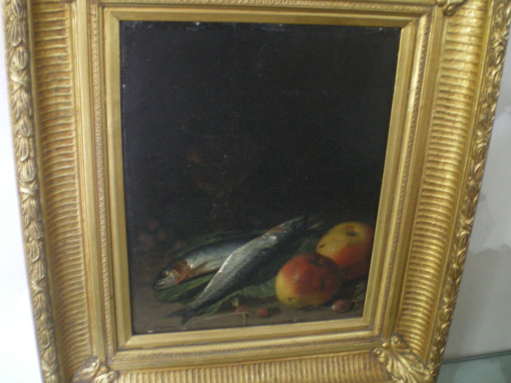 Huile sur bois d'acajou. Nature morte aux poissons et pommes 1900 Caen (14)