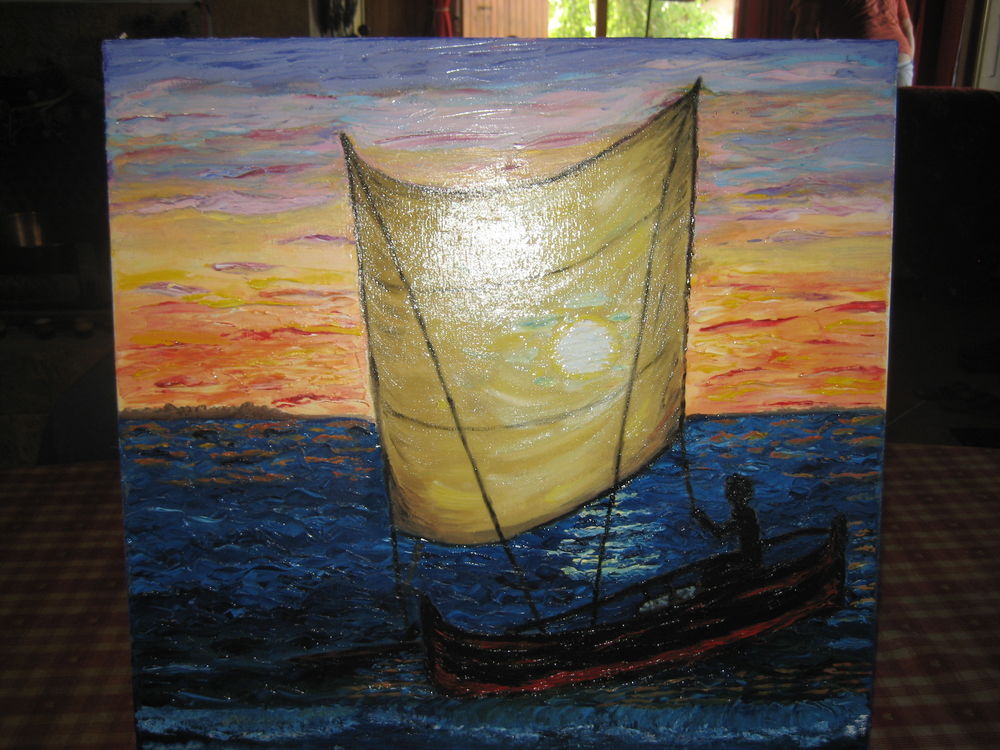 HUILE SUR TOILE AU COUTEAU.  RETOUR DE PECHE EN PIROGUE  
180 Le Sauze-du-Lac (05)