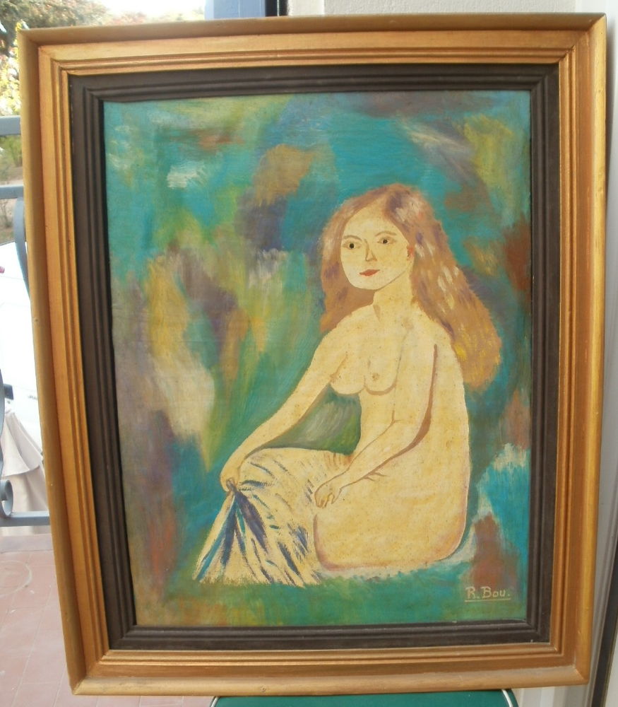 Huile sur toile sign�e R. BOU et encadr�e  la belle nudiste 60 Montauban (82)