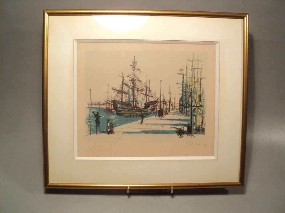 Jean Carzou Lithographie Encadr�e Repr�sentant un Port 1954. 90 Loches (37)