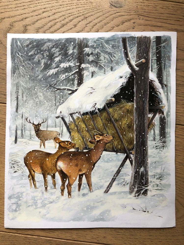 Joli dessin biches dans la neige (vraie peinture, originale) 28 Pr�vessin-Mo�ns (01)