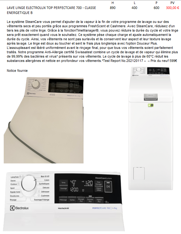 LAVE LINGE ELECTROLUX TOP PERFECTCARE 700 ? 7 KG 300 Maubeuge (59)