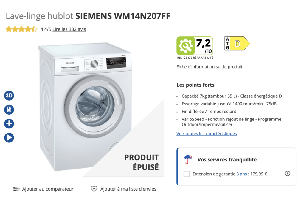 Lave-linge Siemens WM14N207FF
250 Paris 14 (75)