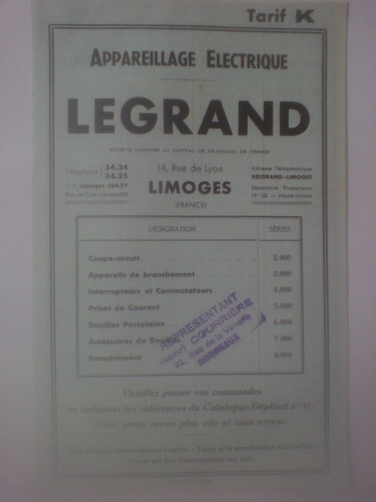Legrand Limoges Tarif K appareillage �lectriques 5 N�rac (47)