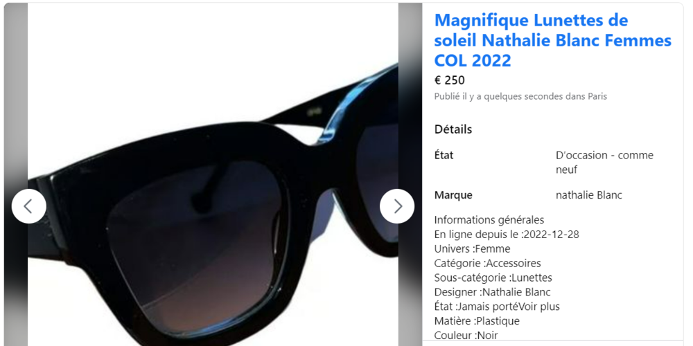 Lunettes de soleil Nathalie Blanc Femmes COL 2022 225 Villepinte (93)