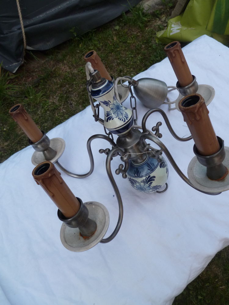 Lustre et 2 appliques �tain et porcelaine bleue 35 Sales (74)