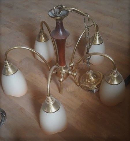Lustre 5 branches en verre laiton et bois 8 Angers (49)
