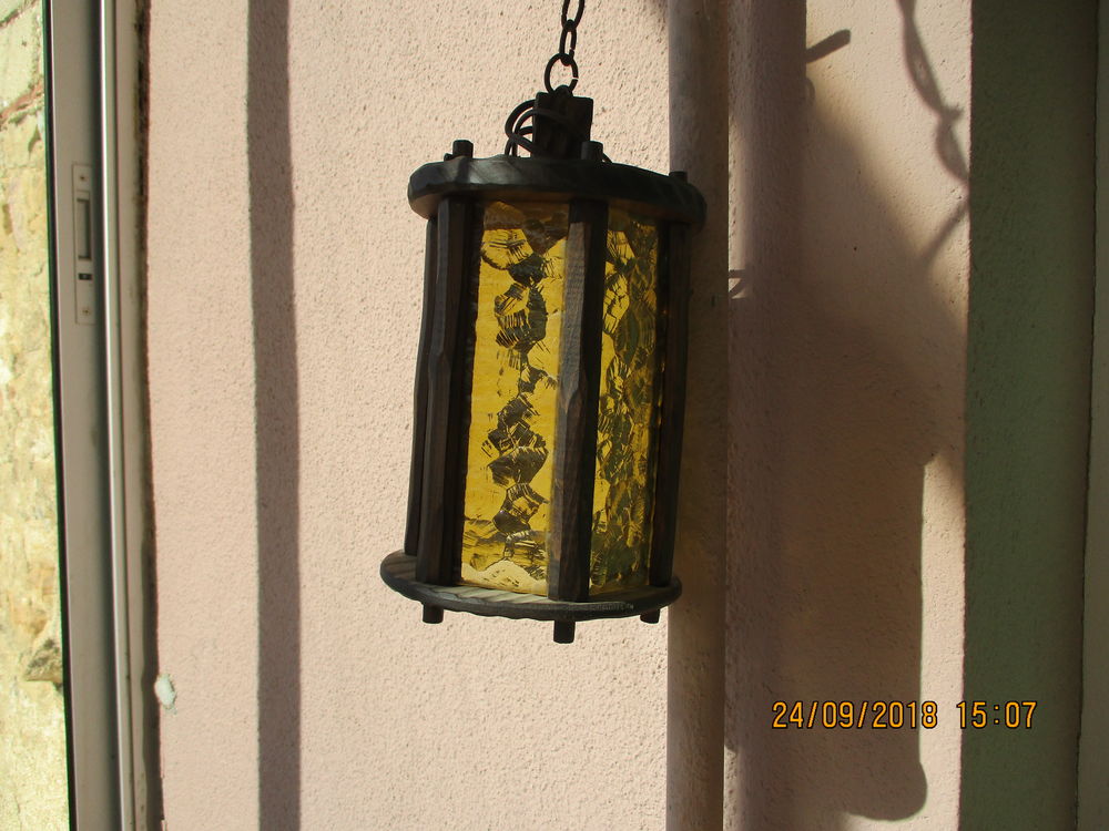 Lustre Hexagonal Bois et Verre Teint� 1970. 10 Le Vernois (39)