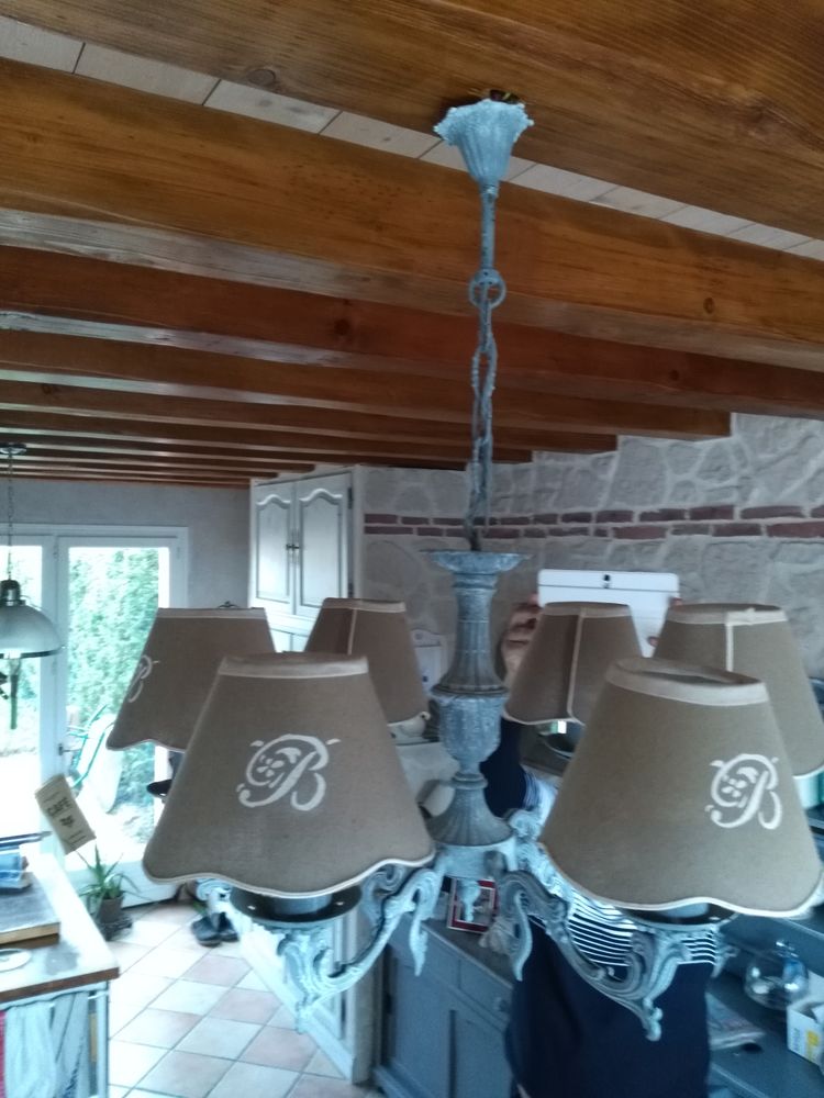 Lustre laiton 6 branches patin� gris Gustavien 60 Le Perchay (95)