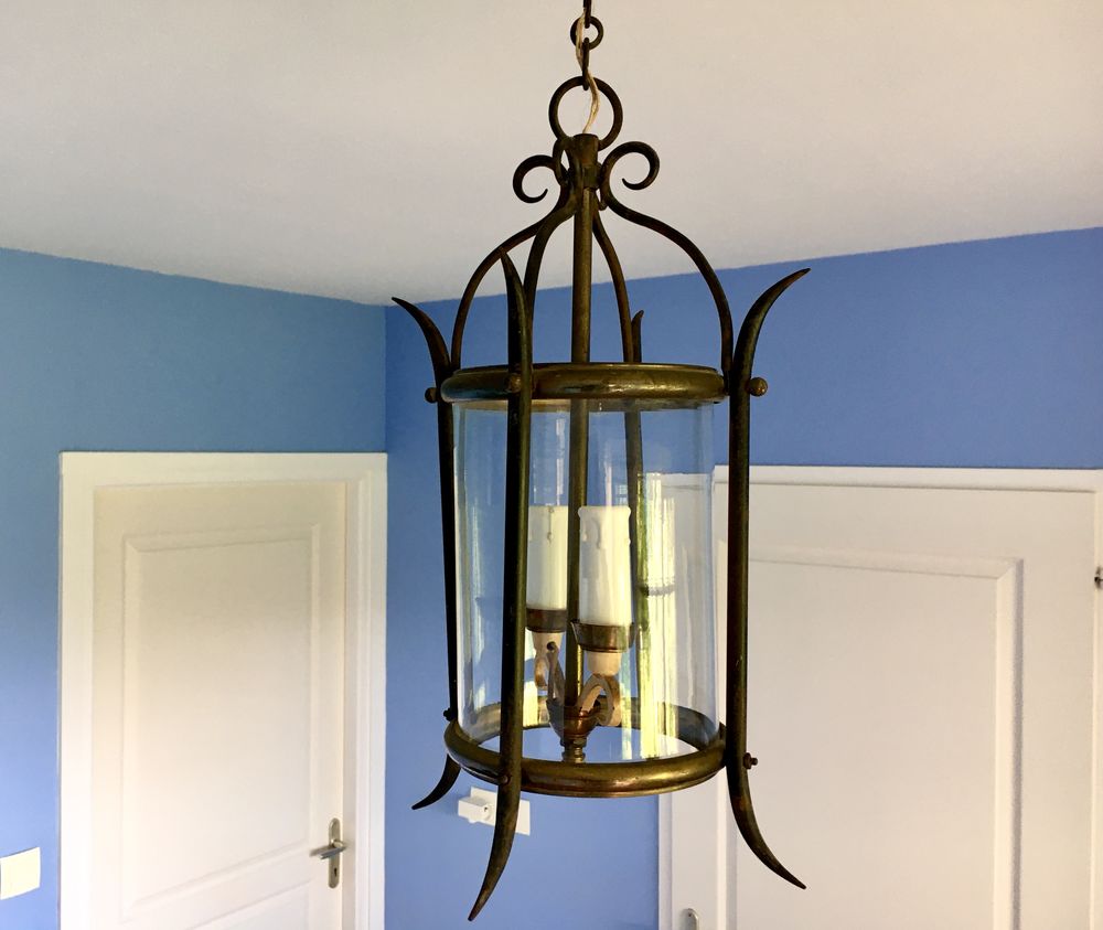 Lustre lanterne cage, début XXème, 2 lumières, verre soufflé 92 L'Isle-Jourdain (32)