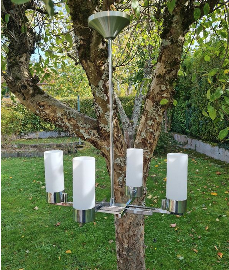 Lustre moderniste Jacques Adnet,  tubes opalins, 1970 250 Paris 11 (75)