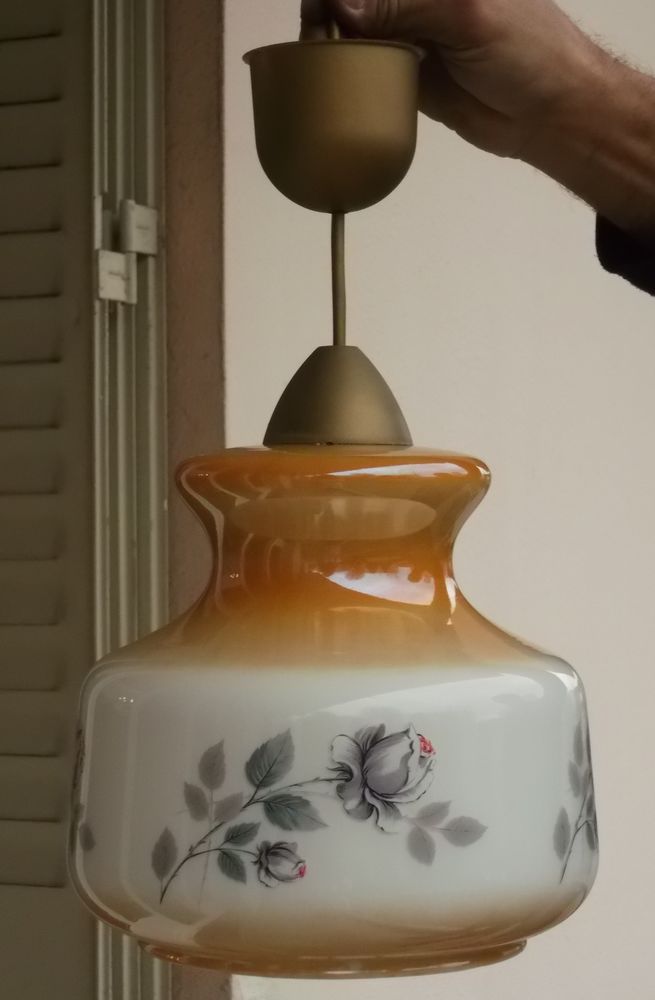 Lustre en verre orang� avec motif roses grises 12 Vienne (38)