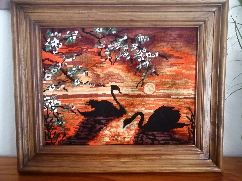 Magnfique tableau CANEVAS laine - Cygnes avec coucher de sol 38 Habsheim (68)