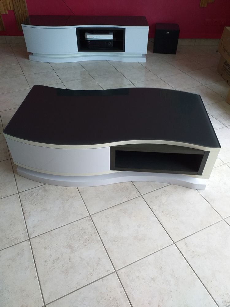 Meuble TV laqu� blanc + Table basse 150 Pontvallain (72)