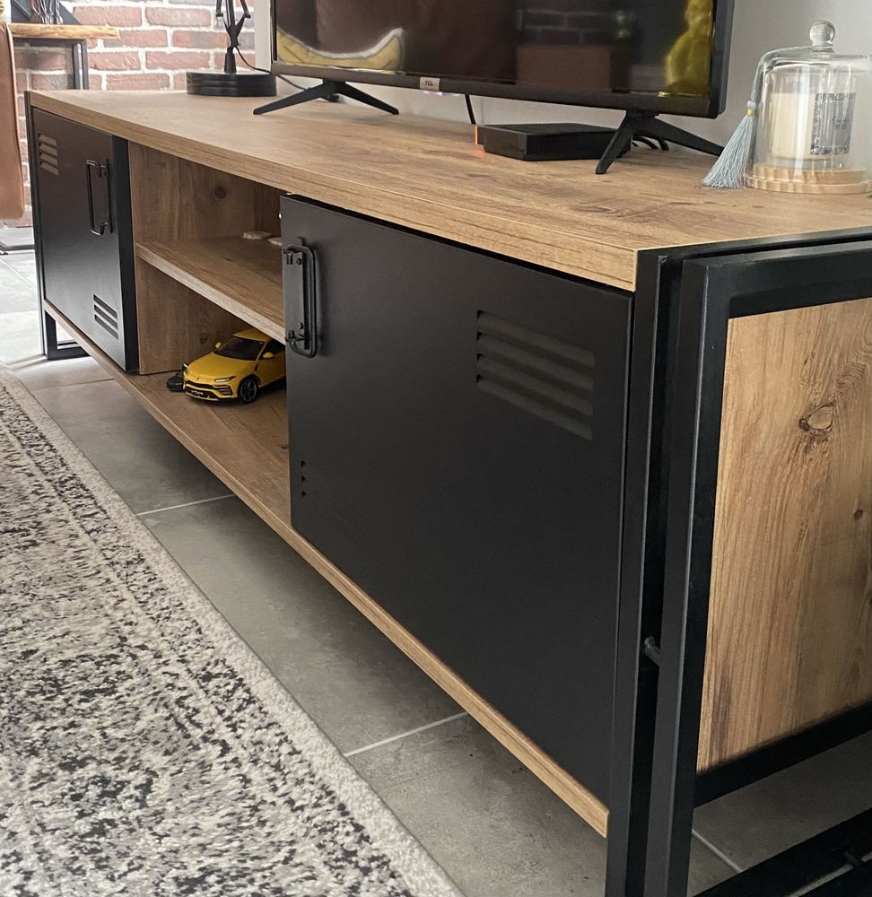 Meuble TV 2 portes imitation pin noir et camel 220 Ecquevilly (78)