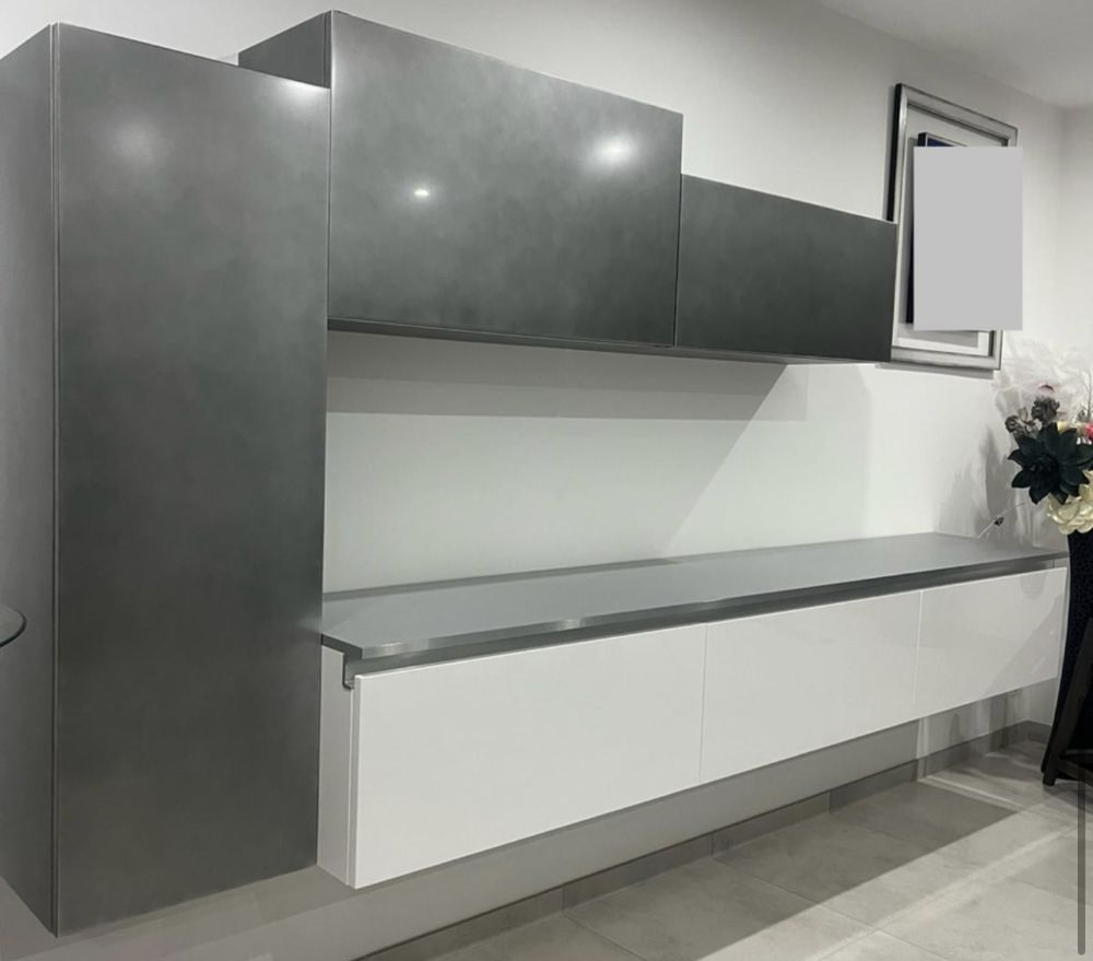 Meuble de salle � manger blanc brillant laqu� + b�ton clair 1690 Dole (39)