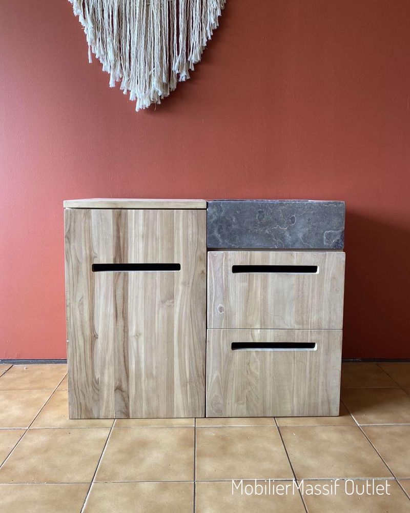 Meuble suspendu SDB en teck massif et Marbre Line 85 cm 450 Muret (31)