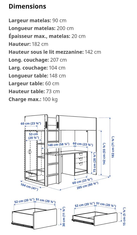 Lit mezzanine avec bureau et armoire 180 Mas-de-Londres (34)