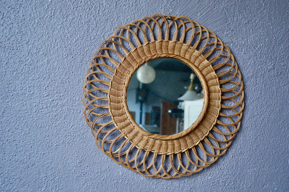 Miroir rond en rotin vintage et boh�me style Fran�ais 75 Wintzenheim (68)
