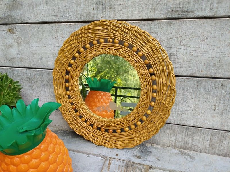 Miroir Rotin Vintage Perles et Verre Grav� Fleurs 
55 Loches (37)