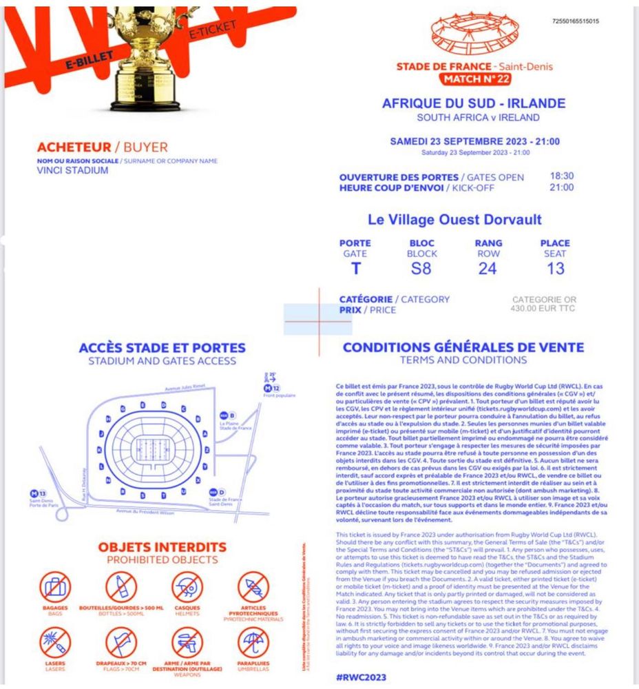 Mondiale rugby Afrique du Sud vs Irlande 
Cat�gorie Or 1200 Paris 10 (75)
